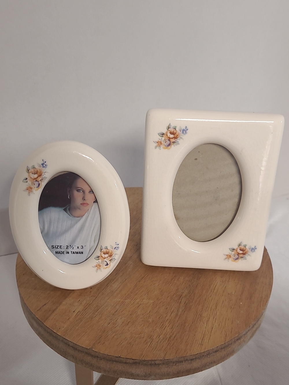 Vintage 1980's Cream Floral Ceramic Oval and Rectangle Photo Frame Set